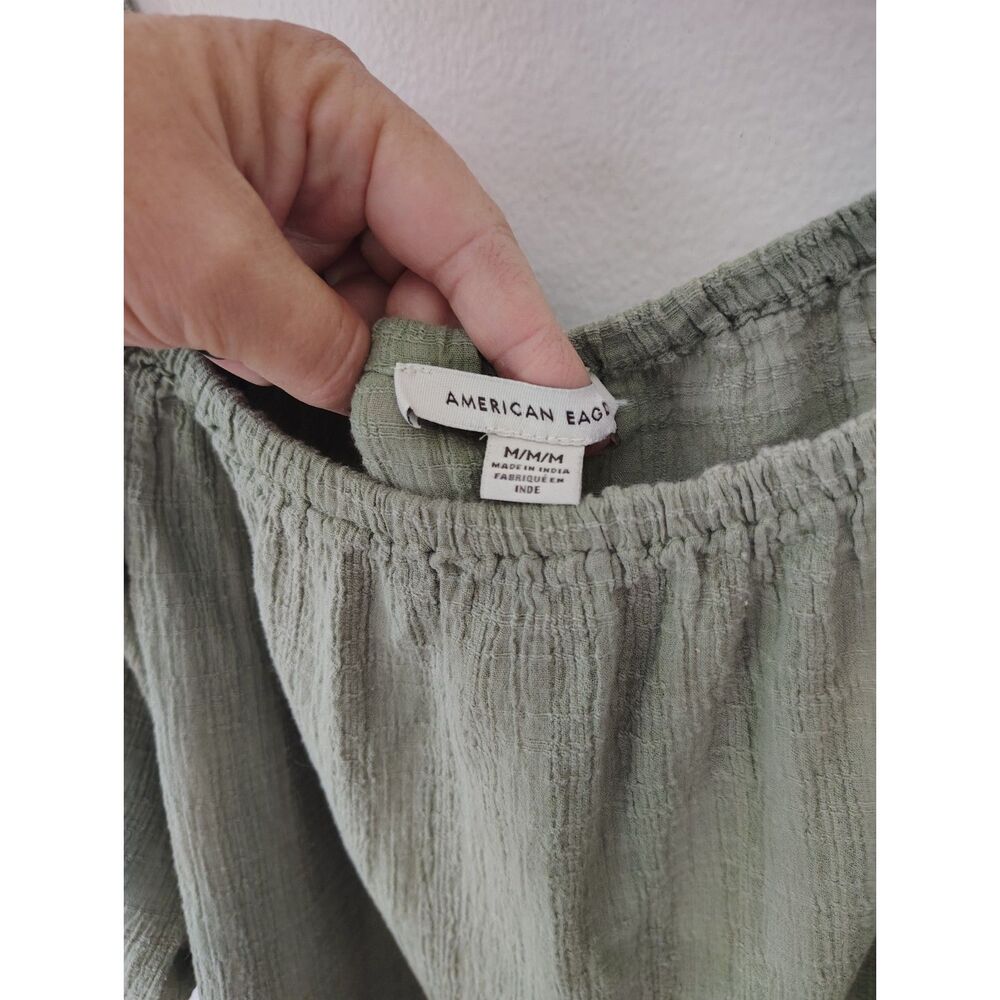 American Eagle Women’s Medium Olive Green Boho Eyelet Gauze Peasant Crop Top - Picture 5 of 6